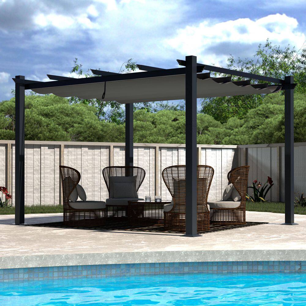 VEIKOUS 10 ft. x 13 ft. Dark Grey Aluminum Outdoor Patio Pergola with Retractable Sun Shade Canopy Cover PG0202-02-10