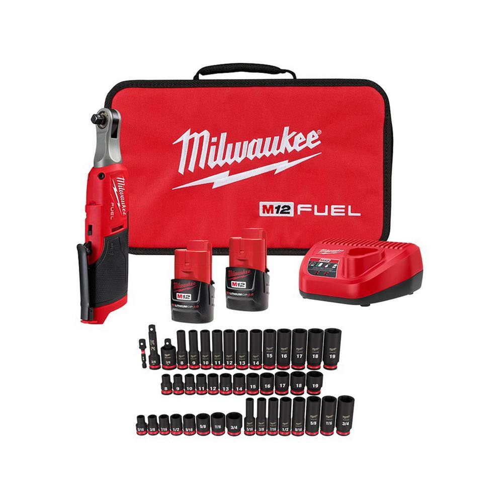 Milwaukee M12 FUEL 12V Cordless High Speed 3/8 in. Ratchet Kit with 3/8 in. Drive SAE and Metric Impact Socket Set (43-Piece) 2567-22-49-66-7009