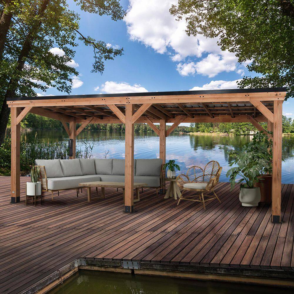 Backyard Discovery Arcadia 20 ft. x 9 ft. 6 in. All Cedar Wood Carport Pavilion Gazebo with Hard Top Steel Metal Roof and Electric, Brown 2306066COM