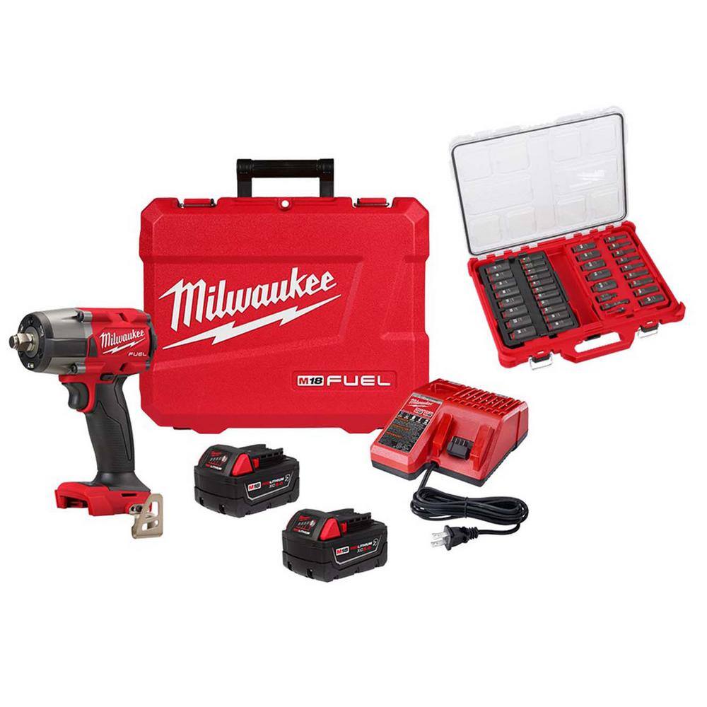Milwaukee M18 FUEL 18V Lith-Ion Brushless Cordless 1/2 in. Mid-Torque Impact Wrench with Resistant Batteries & Impact Socket Set 2962-22R-49-66-6805