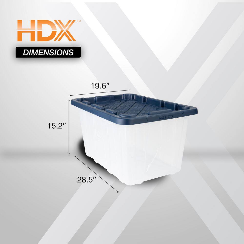 HDX 27 Gal. Tough Storage Tote in Clear with Moonlit Ocean Lid (4-Pack) 999-HDX-274122C