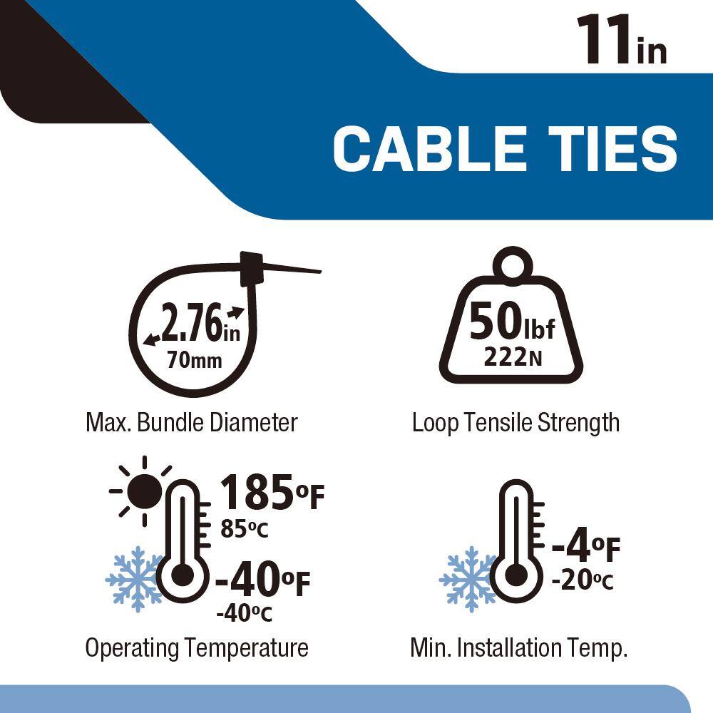 11 in. Standard 50 lbs. Tensile Strength UL 21S Rated Cable Zip Ties 1000-Pack (Orange) GT-11STOR1000