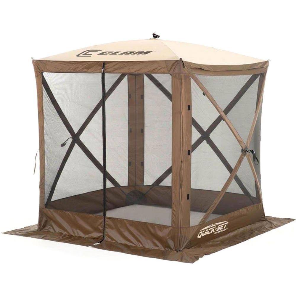 Clam Traveler Screen Shelter 4-Side in Brown/Tan Roof/Black Mesh with Wind Panel CLAM-TV-9881