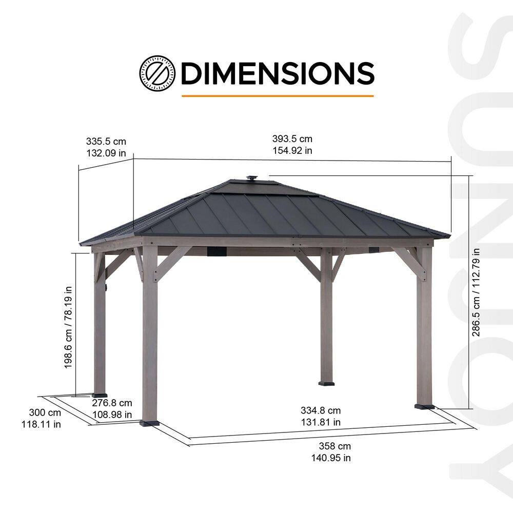 Sunjoy 11 ft. x 13 ft. Grayden Cedar Framed Gazebo with Black Steel and Polycarbonate Hip Roof with Solar Powered LED Lights A102005890