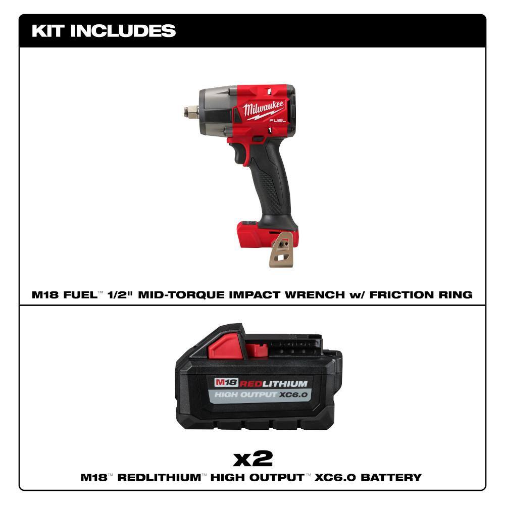 Milwaukee M18 FUEL Gen-2 18V Lith-Ion Brushless Cordless Mid Torque 1/2 in. Impact Wrench w/ (2) High Output 6.0 Ah Battery Pack 2962-20-48-11-1862