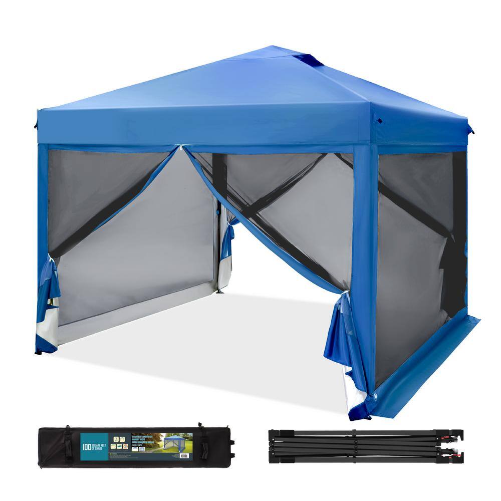 PHI VILLA 10 ft. x 10 ft. Blue Outdoor Patio Pop-Up Canopy with Netting THD-GA025-BL