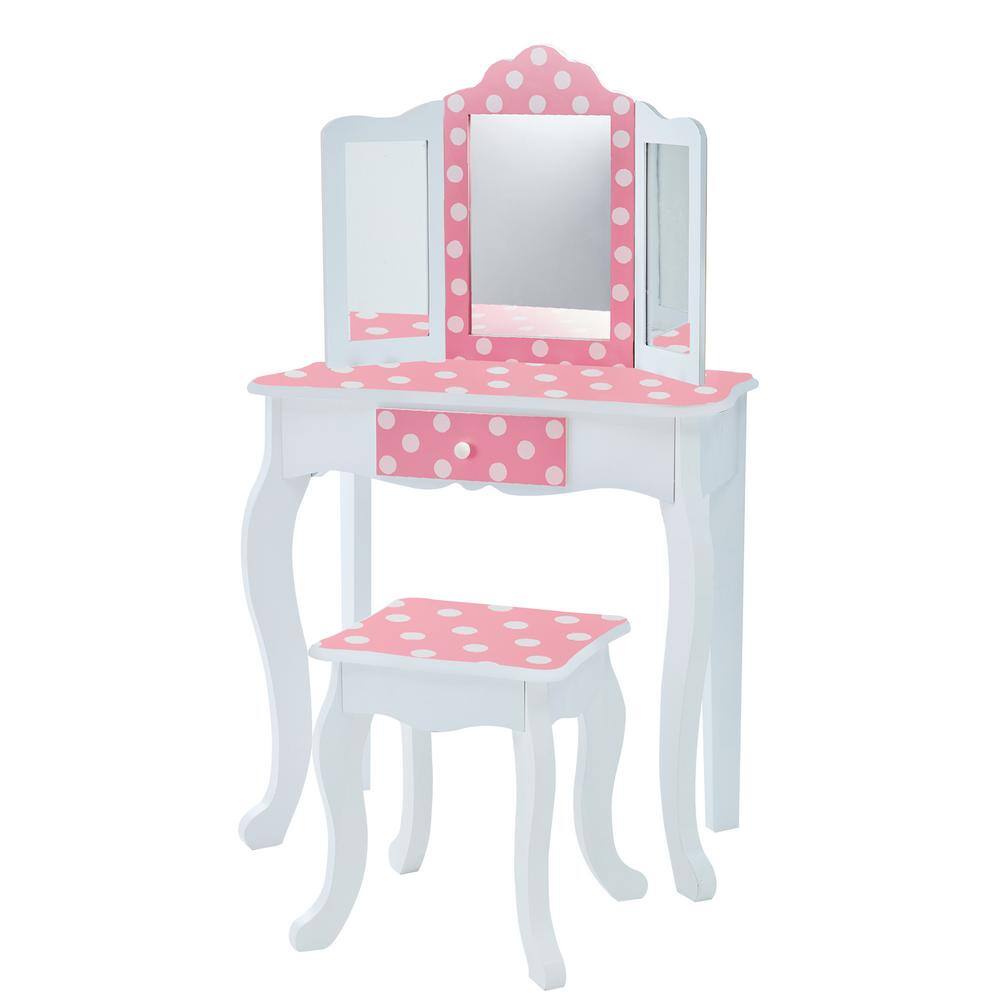 Teamson Kids Fantasy Fields Fashion Polka Dot Prints Gisele Play Vanity Set in Pink/White TD-11670F