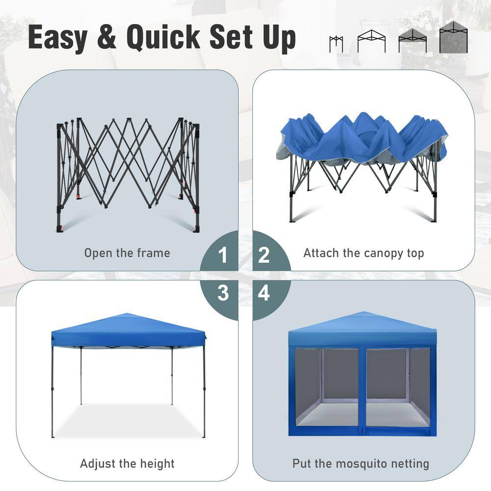 PHI VILLA 10 ft. x 10 ft. Blue Outdoor Patio Pop-Up Canopy with Netting THD-GA025-BL
