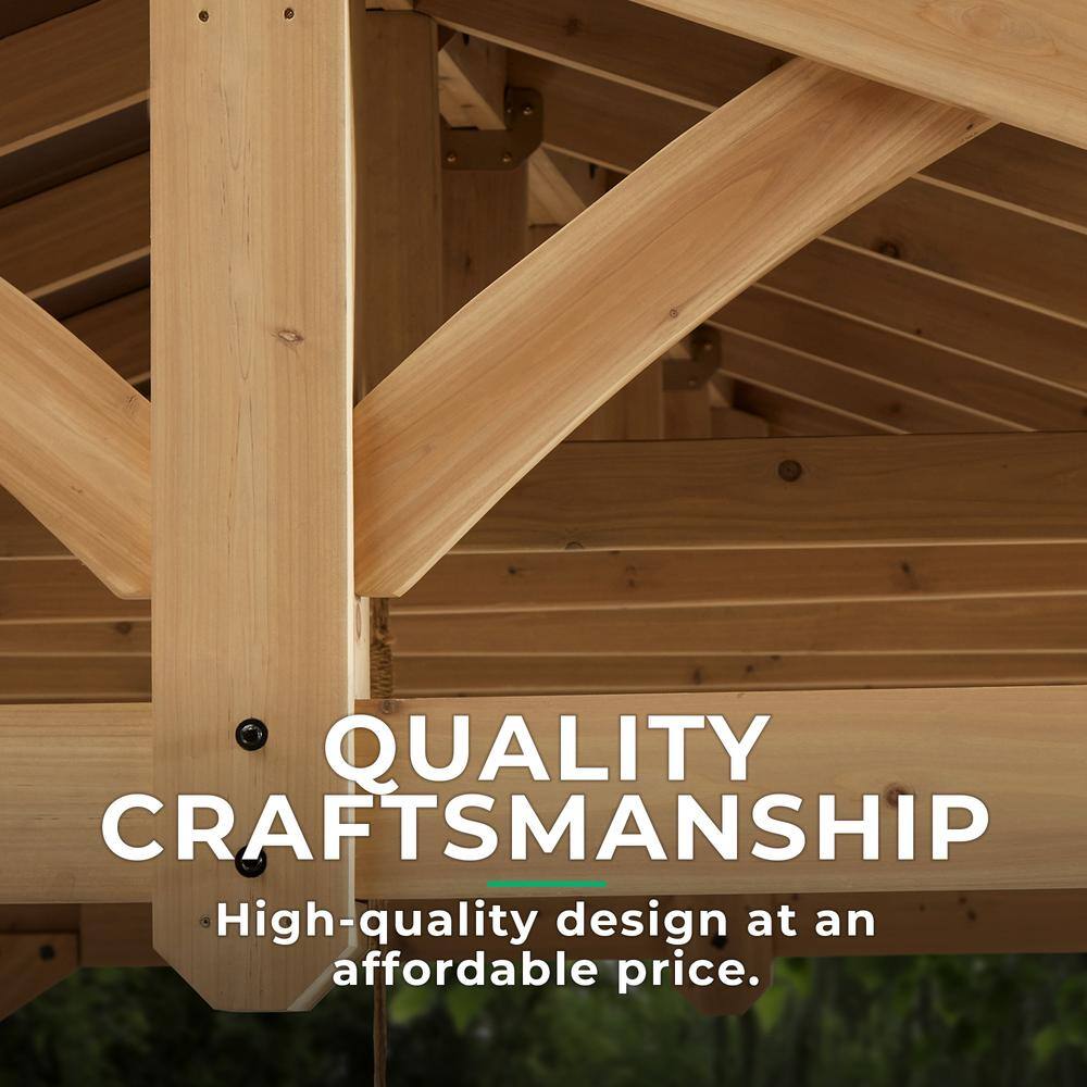 Yardistry Carolina 11 ft. x 13 ft. Premium Outdoor Cedar Backyard Patio Shade Pavilion with Brown Aluminum Gazebo Style Roof YM11726