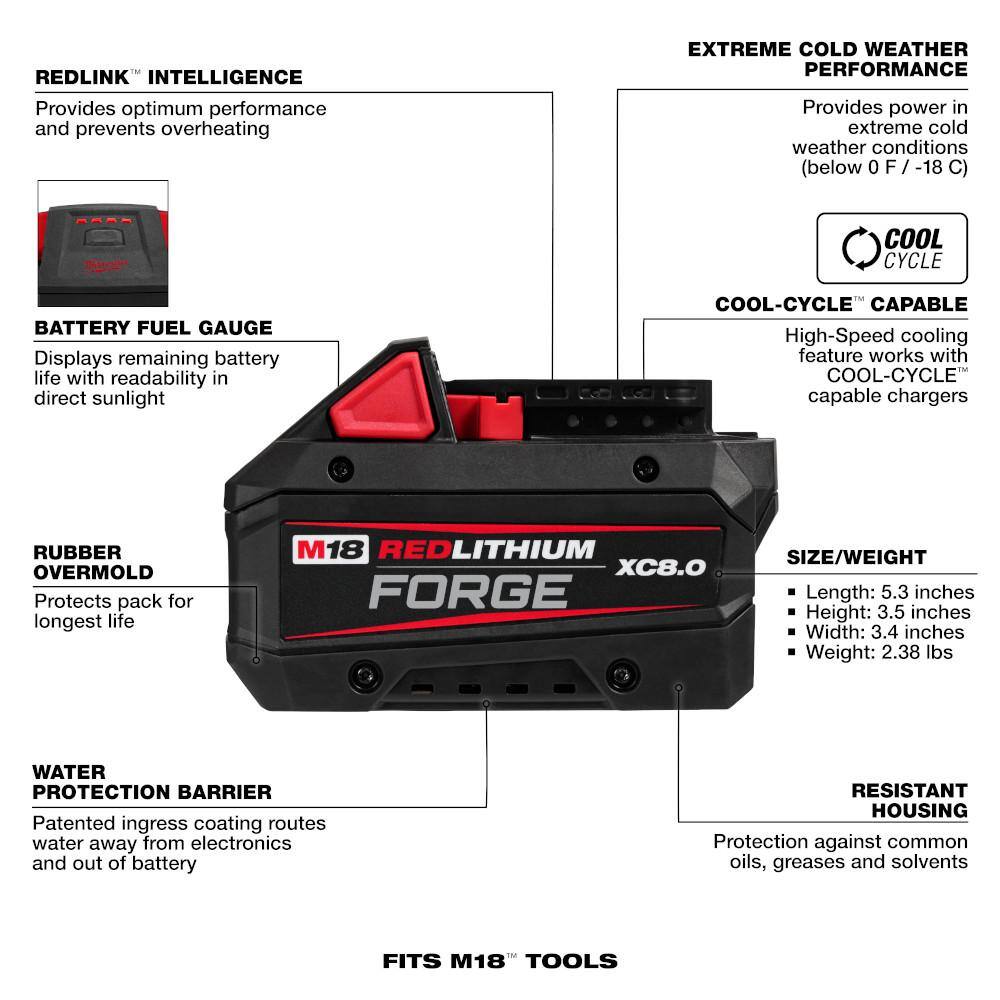 Milwaukee M18 18-Volt Lith-Ion Redlithium FORGE Starter Kit w/ 8. 0Ah Battery & Rapid Charger w/ 5.0 Ah Battery 48-59-1881-48-11-1850