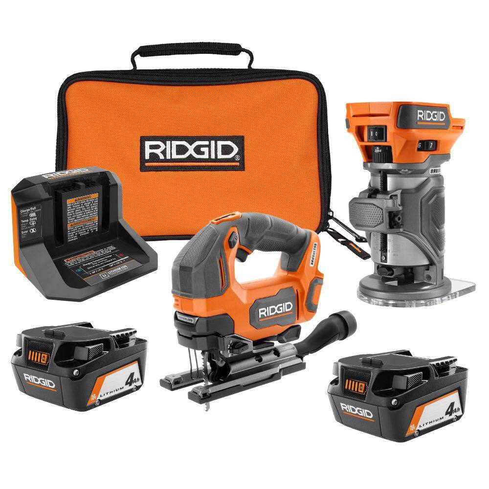 RIDGID 18V Brushless Cordless 2-Tool Combo Kit with Jig Saw, Router, (2) 4.0 Ah Batteries, and Charger AC93044SBN-R920444SB
