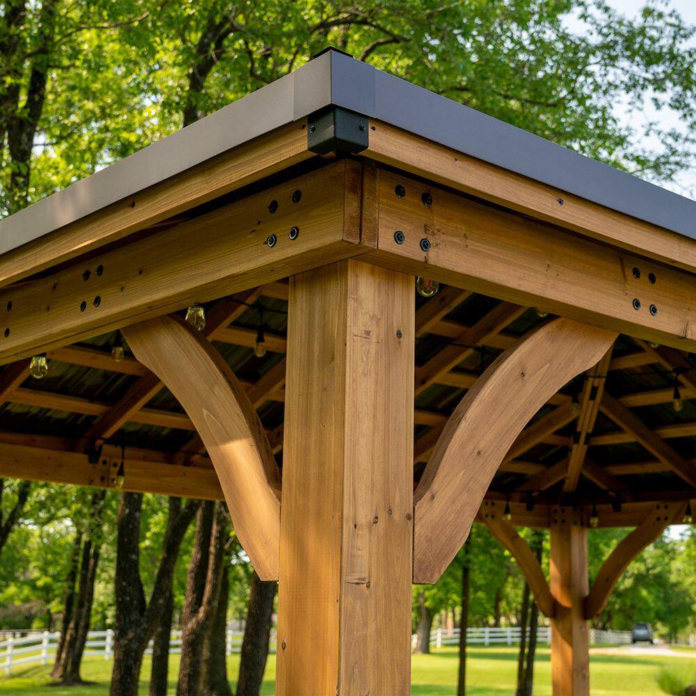Backyard Discovery Barrington 14 ft. x 12 ft. All Cedar Wood Outdoor Gazebo Structure w/ Hard Top Steel Metal Hip Roof and Electric, Brown 2206045COM
