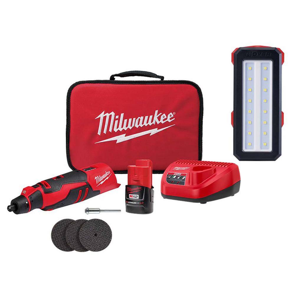 Milwaukee M12 12V Lithium-Ion Cordless Brushless Rotary Tool Kit with M12 12V ROVER Service and Repair Flood Light 2525-21-2367-20