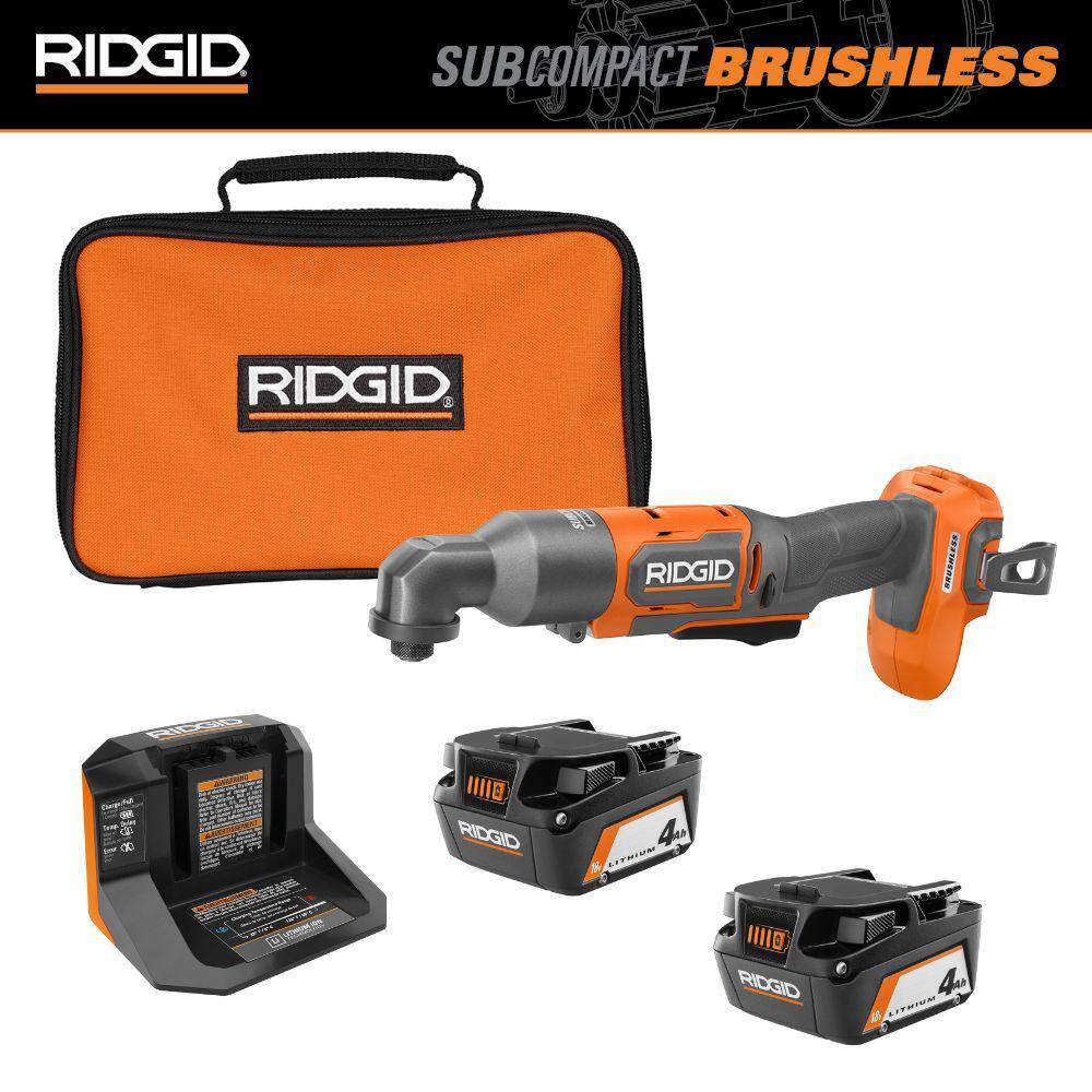 RIDGID 18V (2) 4.0 Ah Batteries and Charger Kit with 18V Subcompact Brushless Cordless Right Angle Impact Driver AC93044SBN-R87730B
