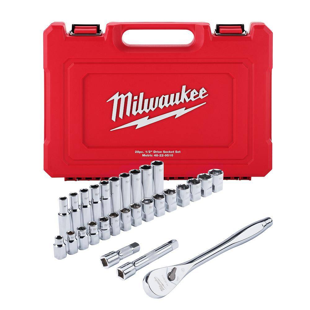 Milwaukee 1/2 in. Drive Metric Ratchet and Socket Mechanics Tool Set (28-Piece) 48-22-9510
