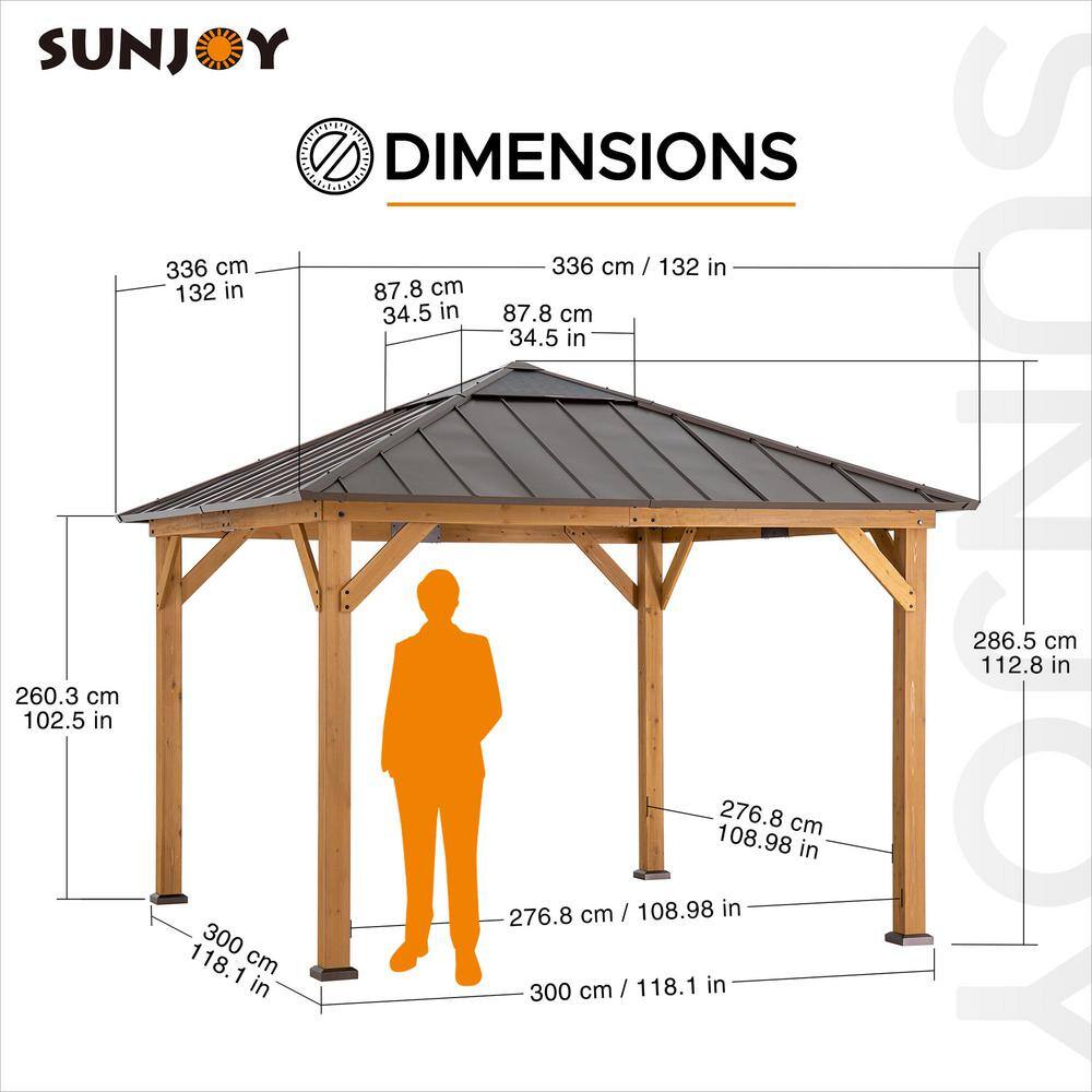 Sunjoy 11 ft. x 11 ft. Outdoor Patio Cedar Framed Hardtop Gazebo with Brown Steel Hip Roof and Frosted Polycarbonate Skylight A102007260