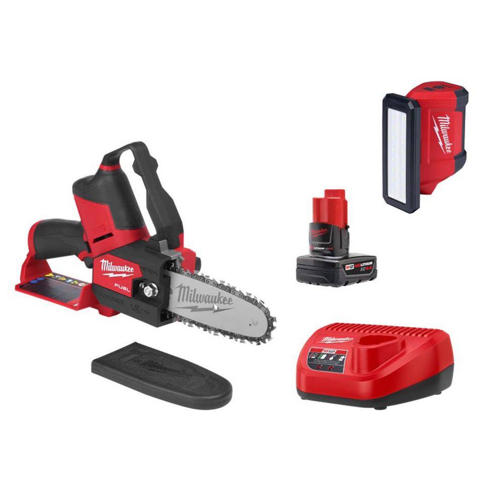 Milwaukee M12 FUEL 12V Lithium-Ion Brushless Battery 6 in. HATCHET Pruning Saw Kit, Pivoting Flood Light, 4.0 Ah Battery, Charger 2527-21-2367-20