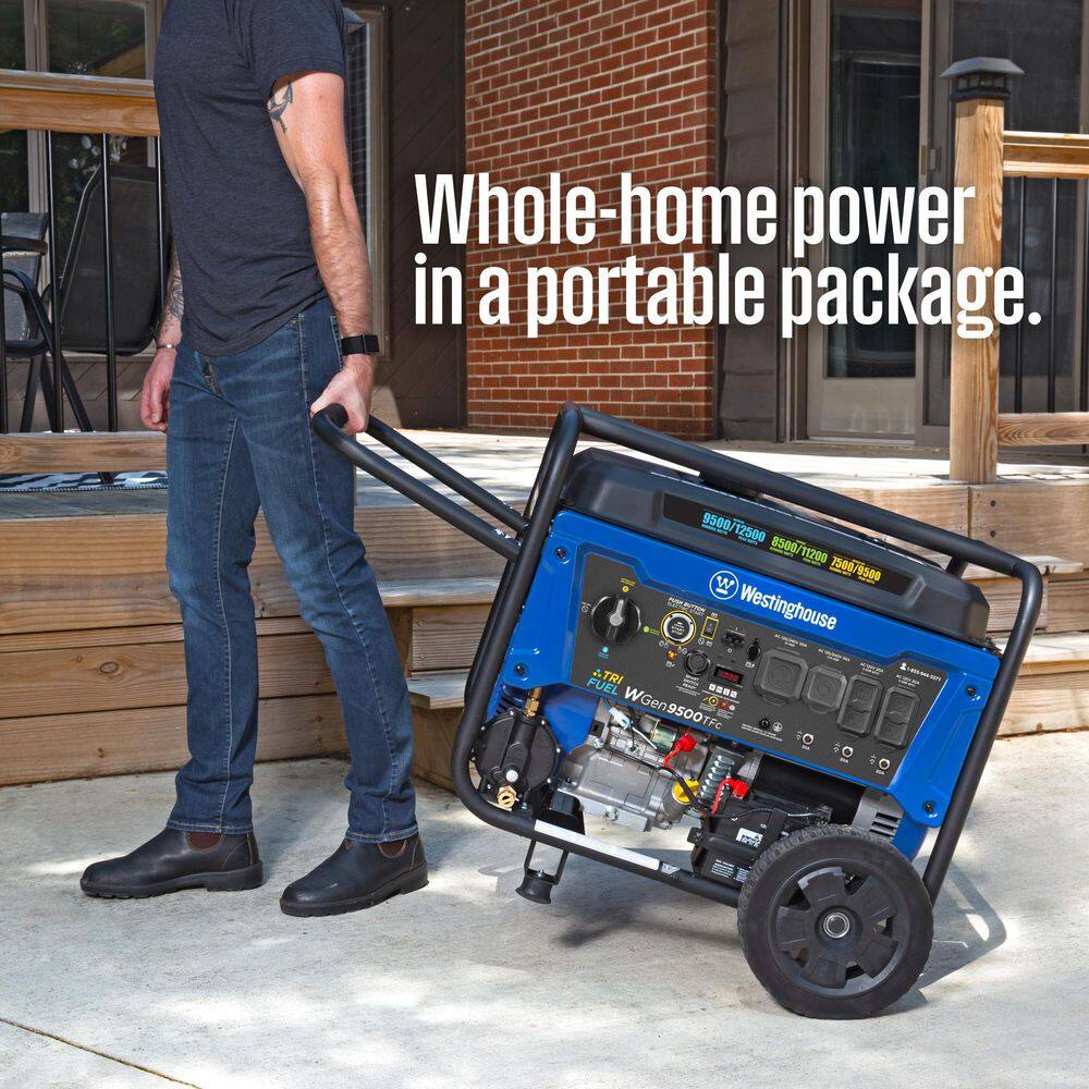 Westinghouse 12,500/9,500-Watt Tri-Fuel Gas, Propane, Natural Gas Powered Portable Generator with Remote Electric Start, 50A Outlet WGen9500TFc