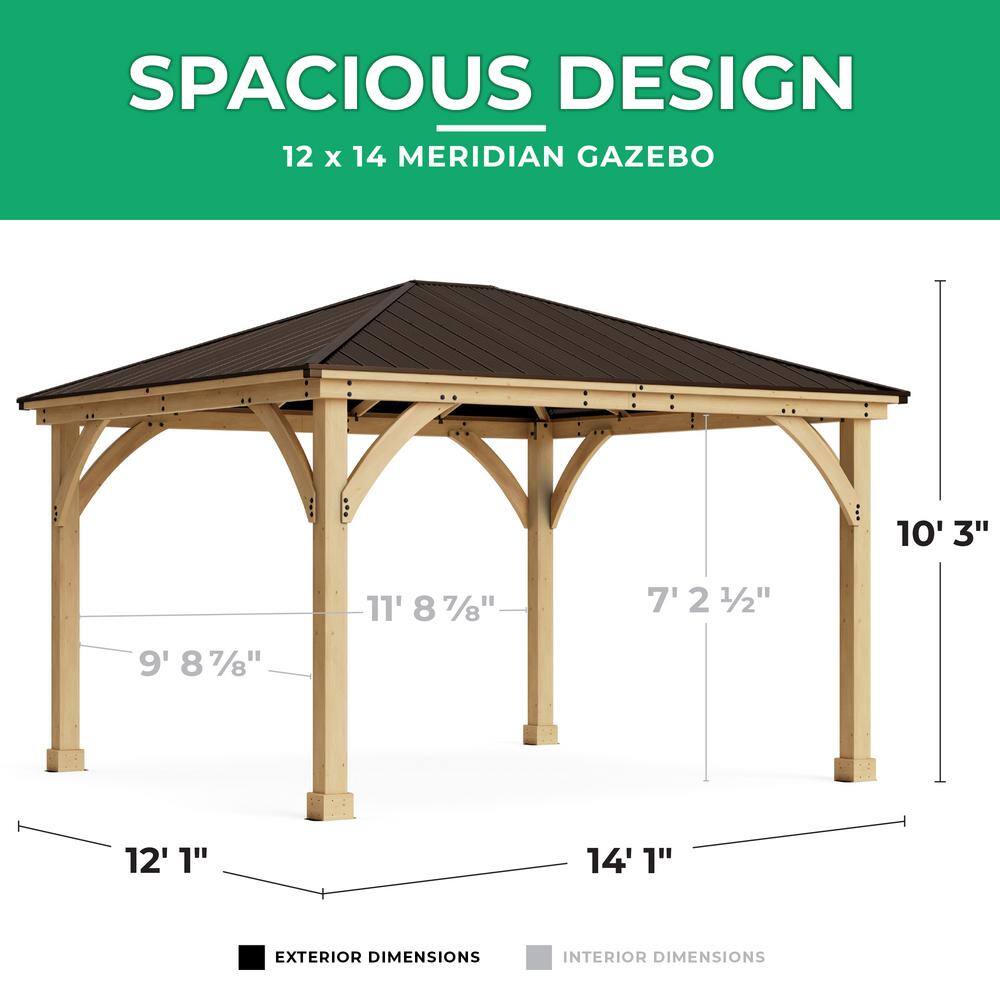 Yardistry Meridian 12 ft. x 14 ft. Premium Cedar Outdoor Patio Shade Gazebo with Architectural Posts and Brown Aluminum Roof YM11772