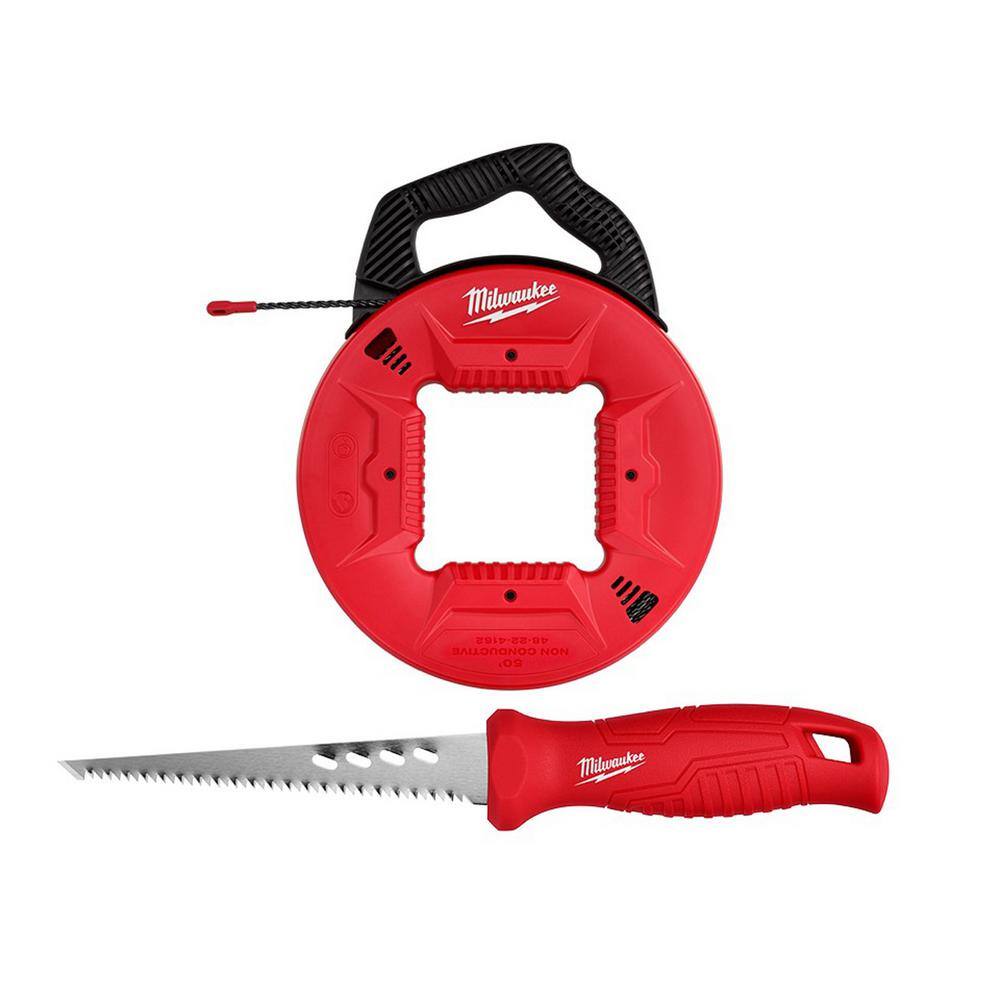 Milwaukee 13 in. x 50 ft. Polyester Fish Tape with Non-Conductive Tip and Rasping Jab Saw 48-22-4162-48-22-0104
