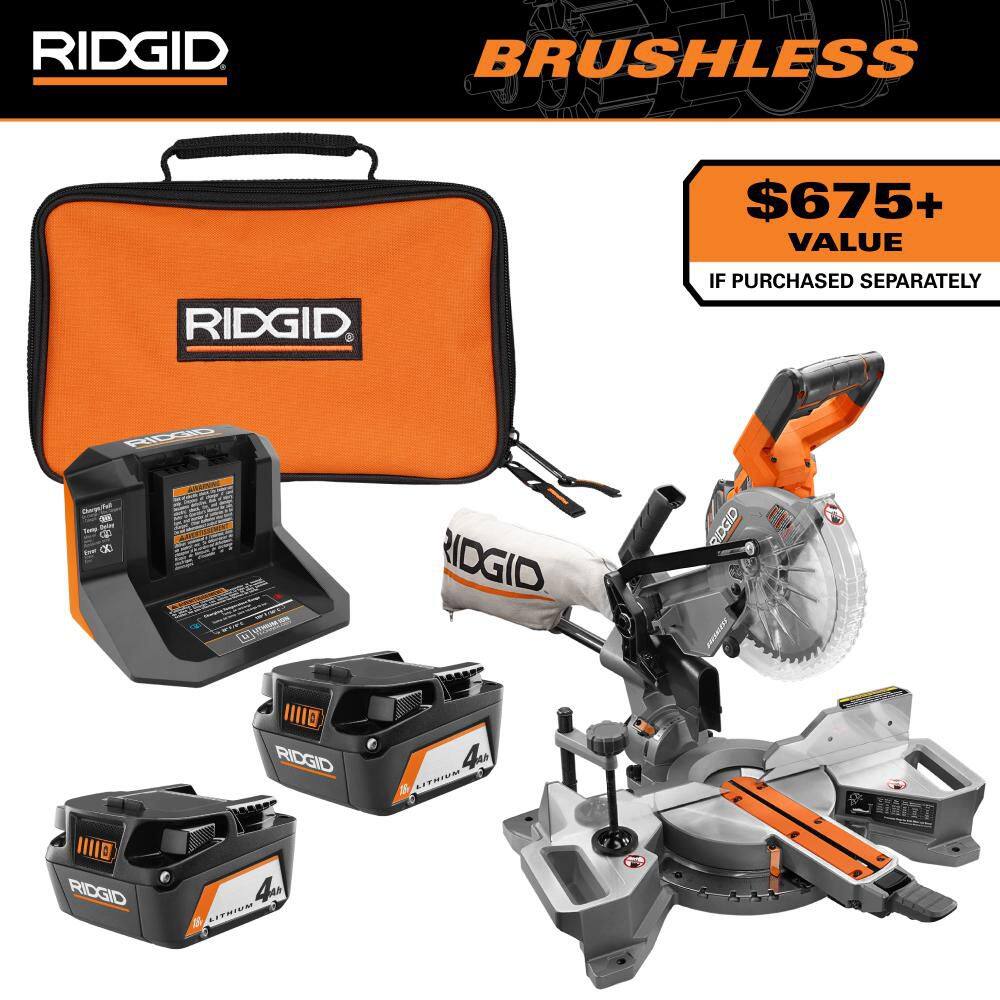 RIDGID 18V (2) 4.0 Ah Batteries and Charger Kit with 18V Brushless Cordless 7-1/4 in. Dual Bevel Sliding Miter Saw AC93044SBN-R48607B