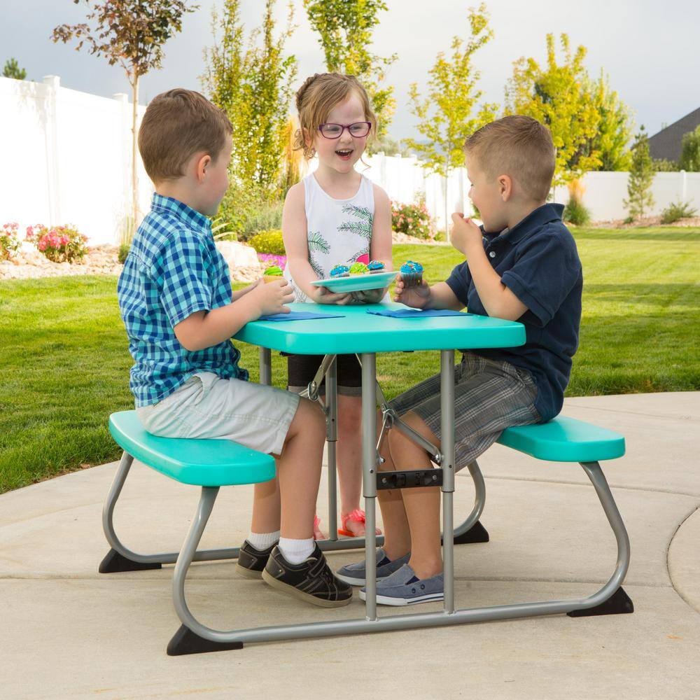 Lifetime 35.4 in. Aqua Blue Rectangle Steel and Resin Kids Picnic Table Seats 4 260219