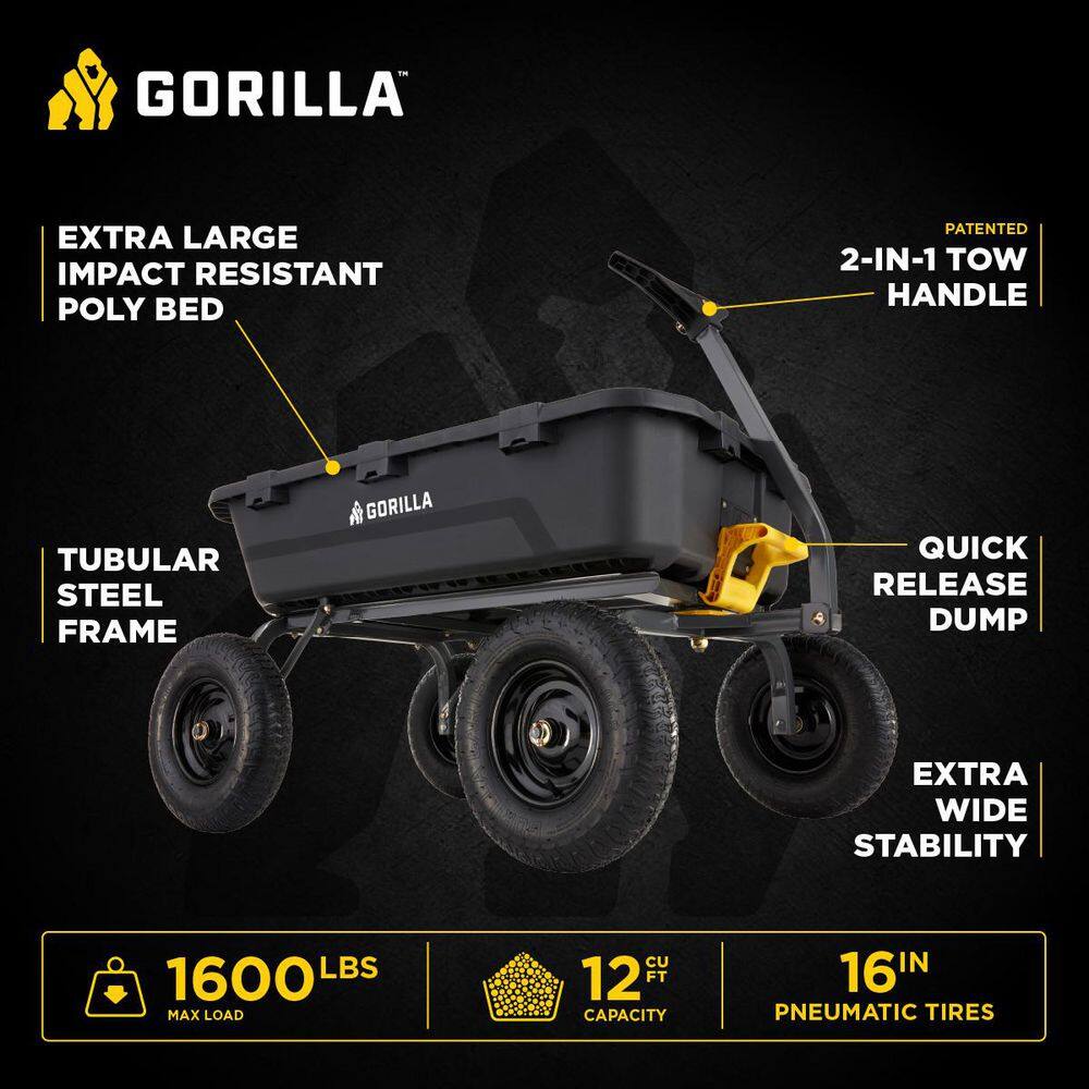 GORILLA CARTS 12 cu. ft. Patented Super Heavy-Duty Poly Dump Garden Cart, 1,600 lbs., 48 in. x 34 in. x 11 in., 16 in. Pneumatic Tires GCG-12