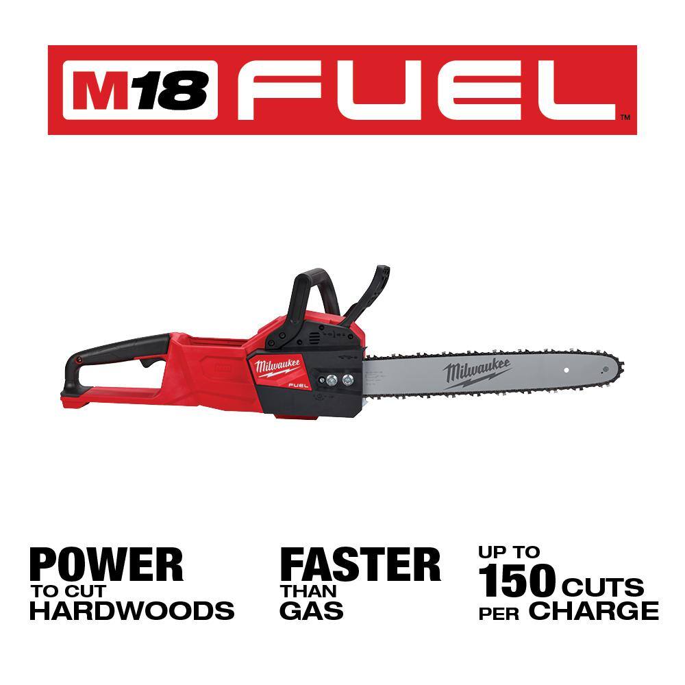 Milwaukee M18 FUEL 16 in. 18V Brushless Battery Electric Chainsaw w/3/8 in. Compact Impact Wrench w/Friction Ring Two 6Ah 2727-20-2854-20-48-11-1862