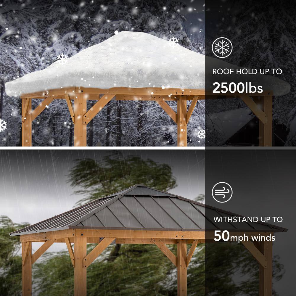 Sunjoy 11 ft. x 11 ft. Outdoor Patio Cedar Framed Hardtop Gazebo with Brown Steel Hip Roof and Frosted Polycarbonate Skylight A102007260