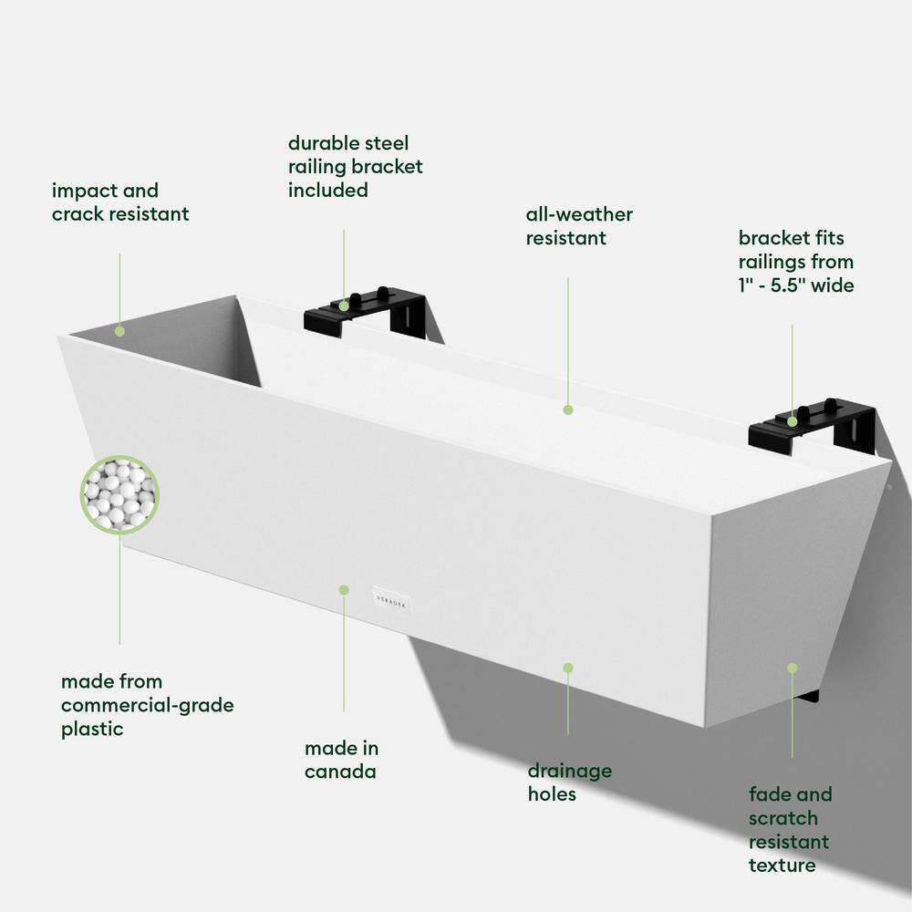 Veradek Pure Medium White Plastic Rectangular Railing Planter Box with Drainage Holes (36 in. L x 10 in. W x 11 in. H) WBRLV36W