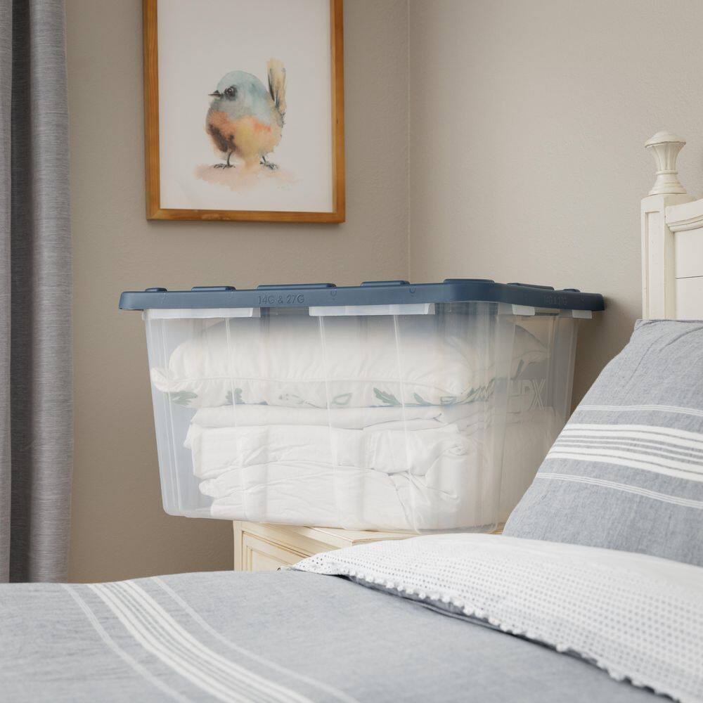 HDX 27 Gal. Tough Storage Tote in Clear with Moonlit Ocean Lid (4-Pack) 999-HDX-274122C