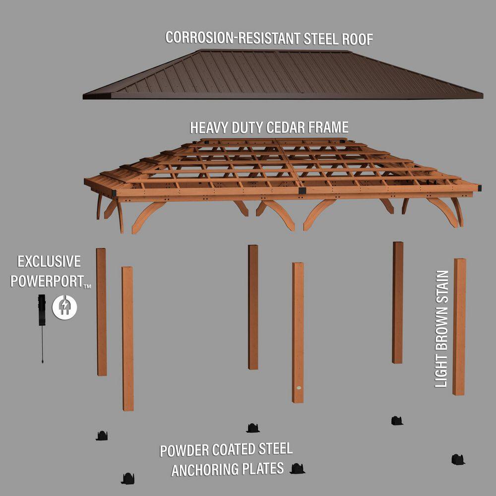 Backyard Discovery Barrington 20 ft. x 12 ft. All Cedar Wood Carport Pavilion Gazebo with Hard Top Steel Metal Hip Roof and Electric, Brown 2306172COM