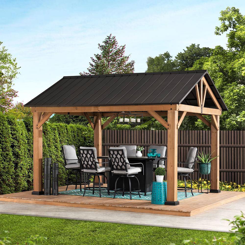 Sunjoy 11 ft. x 13 ft. Cedar Framed Gazebo with Matte-Black Steel Gable Hard Top Roof A102008001