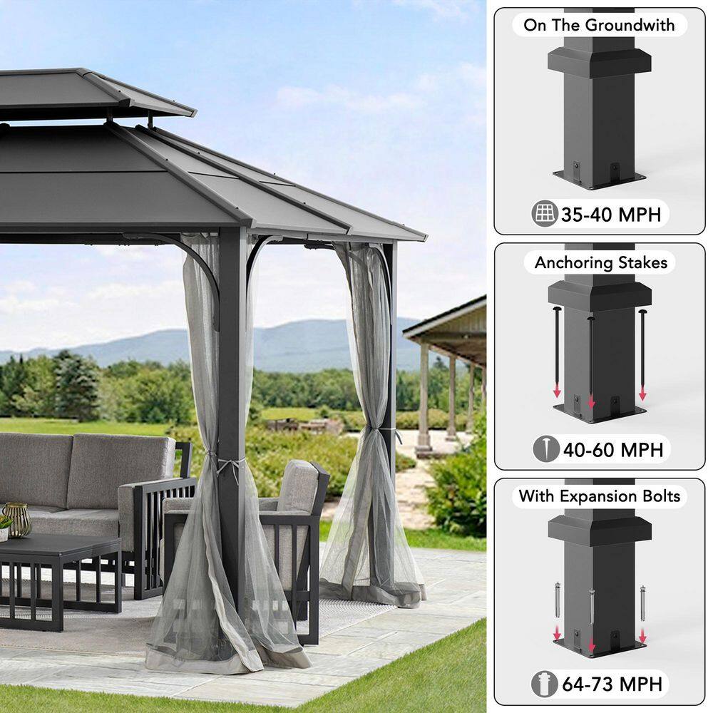 Sunjoy 10 ft. x 12 ft. Black Steel Hardtop Gazebo with 2-Tier Hip Roof and Ceiling Hook and Removable Netting Sidewalls A102009121