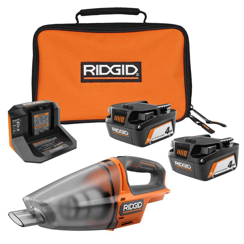 RIDGID 18V (2) 4.0 Ah Batteries and Charger Kit with 18V Cordless Hand Vacuum AC93044SBN-R8609021B