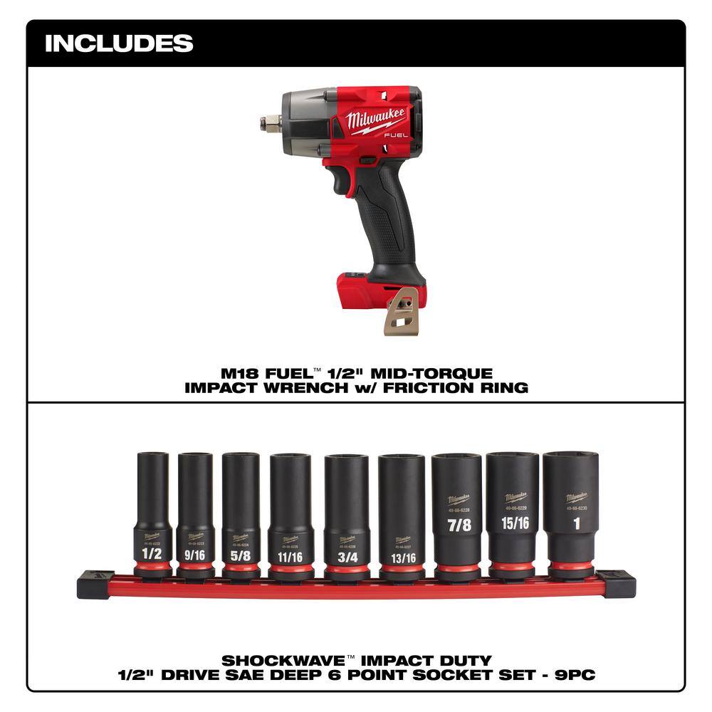 Milwaukee M18 FUEL Gen-2 18V Lithium-Ion Brushless Cordless Mid Torque 1/2 in. Impact Wrench (Tool-Only) w/9-piece Socket Set 2962-20-49-66-7022