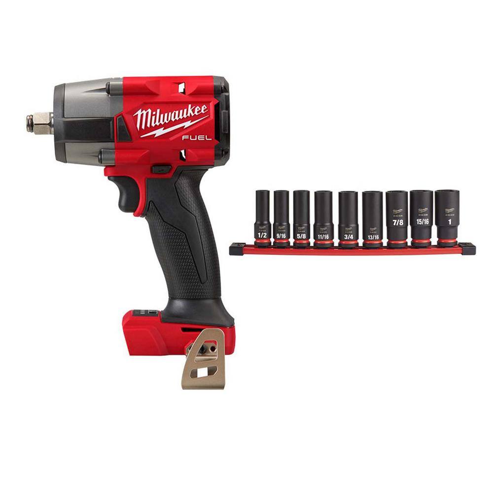 Milwaukee M18 FUEL Gen-2 18V Lithium-Ion Brushless Cordless Mid Torque 1/2 in. Impact Wrench (Tool-Only) w/9-piece Socket Set 2962-20-49-66-7022