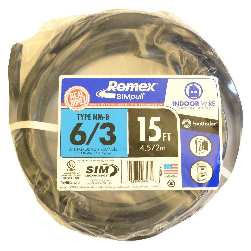 Southwire 15 ft. 6/3 Black Stranded Romex SIMpull CU NM-B W/G Wire 63950006