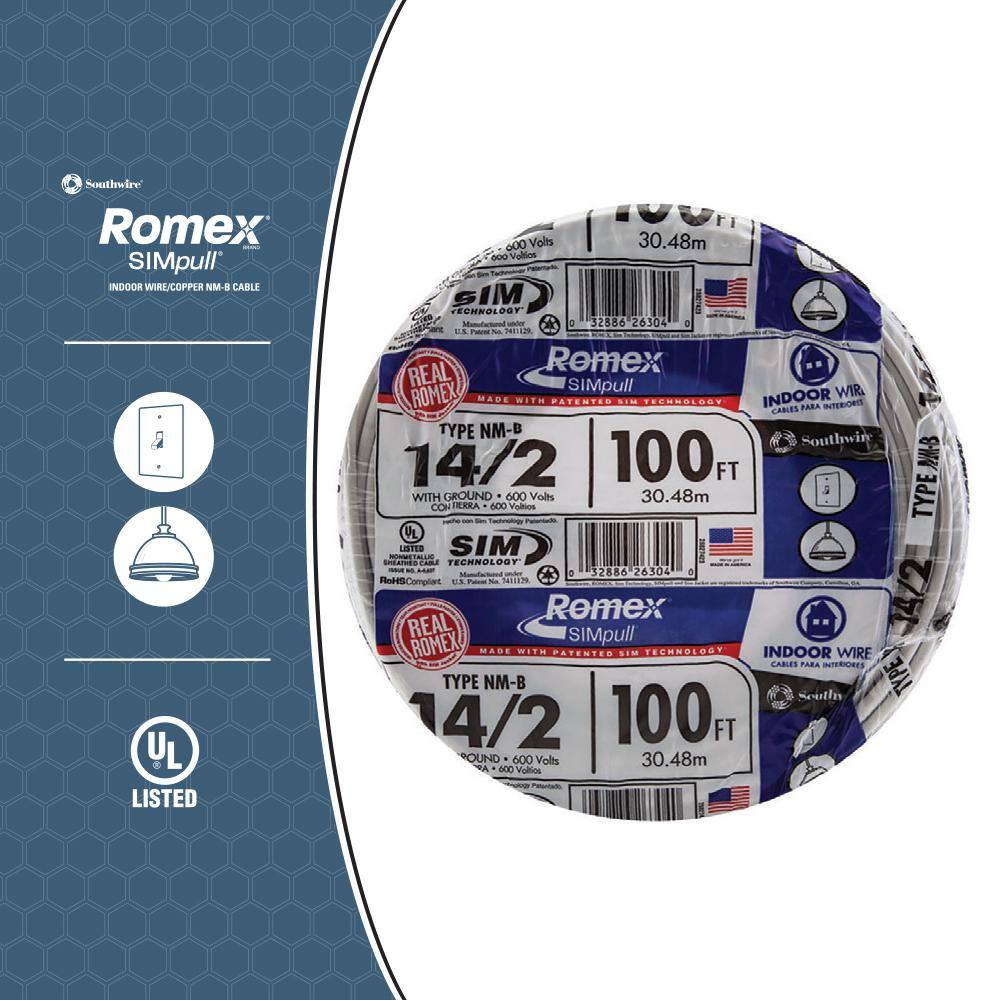 Southwire 100 ft. 14/2 Solid Romex SIMpull CU NM-B W/G Wire 28827428