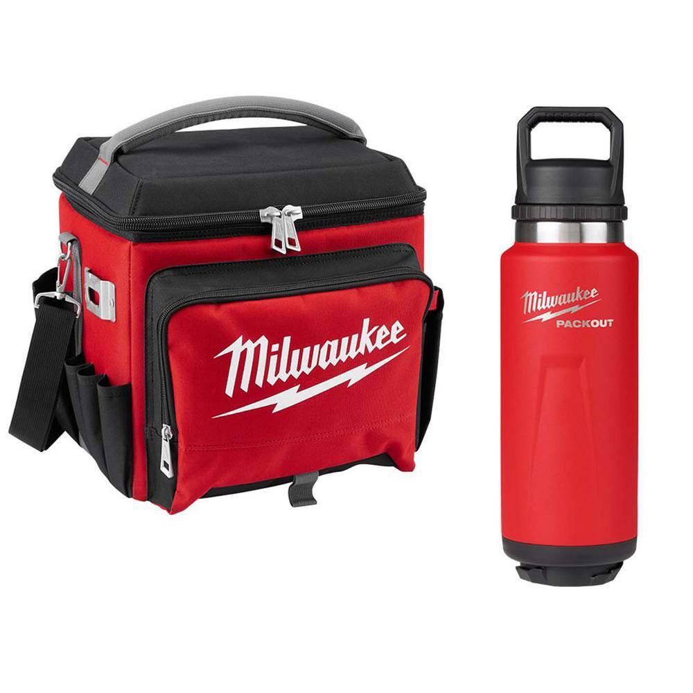 Milwaukee 21 Qt. Soft Sided Jobsite Lunch Cooler with PACKOUT Red 36 oz. Insulated Bottle with Chug Lid 48-22-8250-48-22-8397R