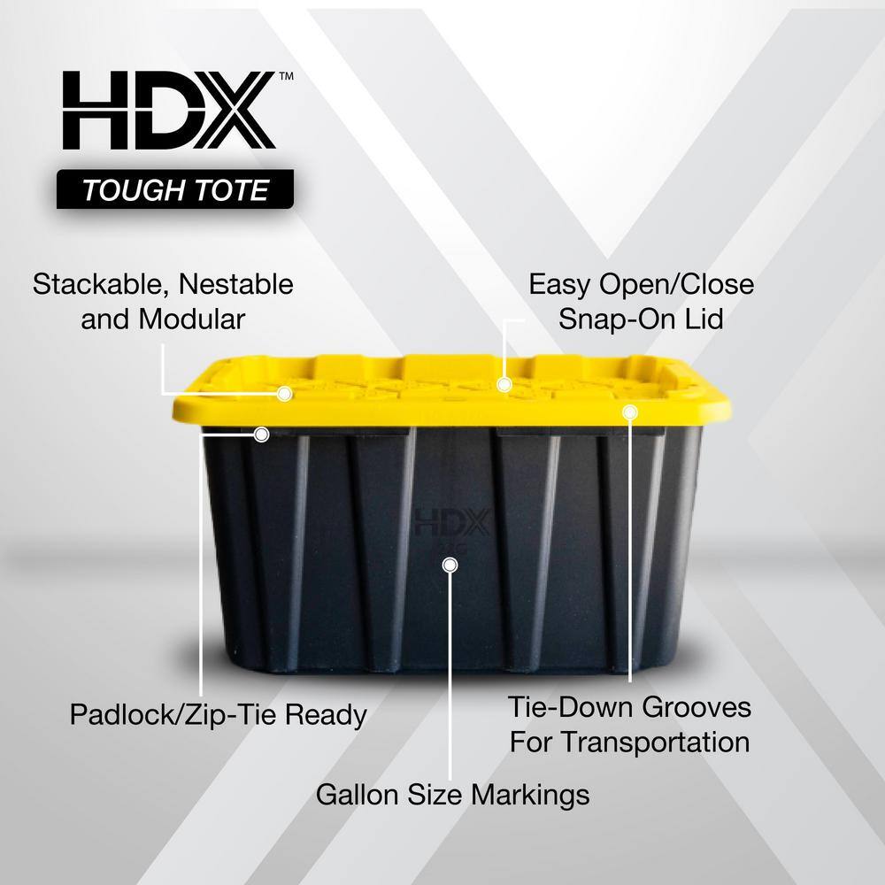 HDX 27 Gal. Tough Storage Tote in Black with Yellow Lid (4-Pack) 999-HDX-27G-4