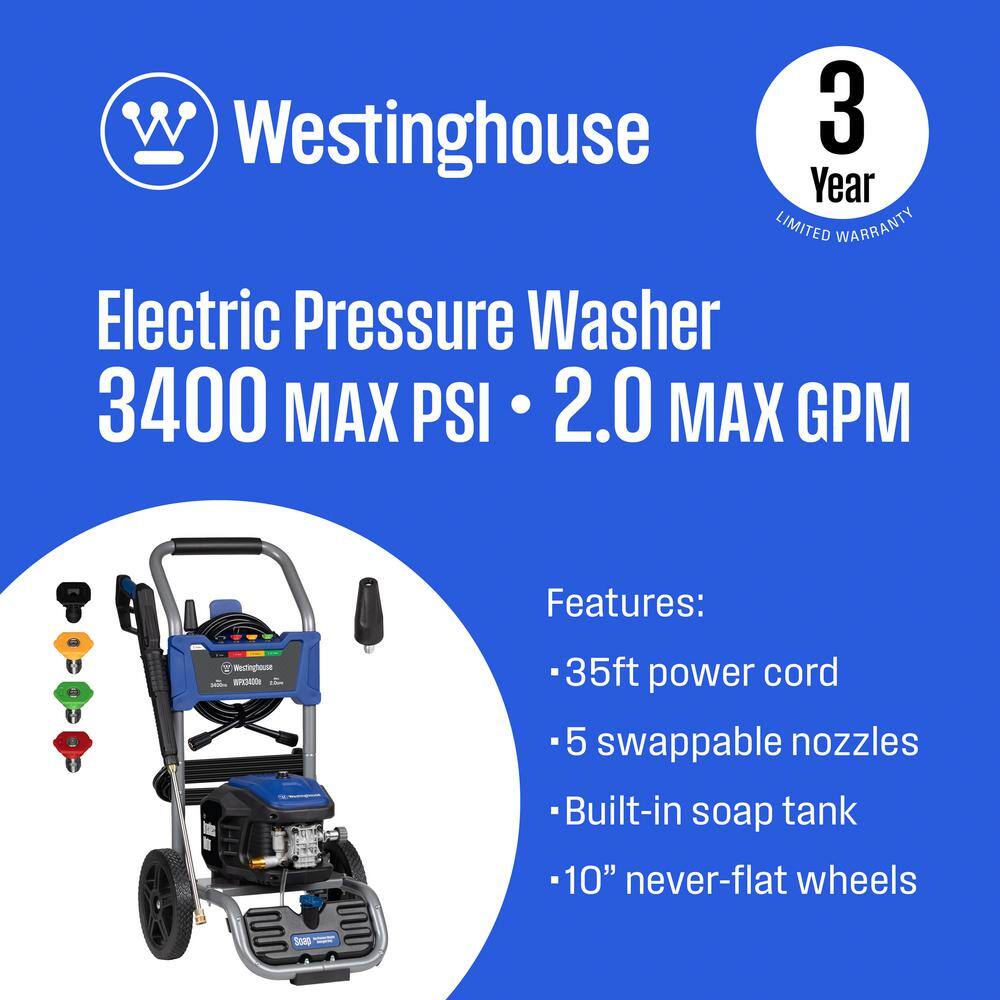 Westinghouse 3400 PSI 2 GPM 13 Amp Electric Powered Pressure Washer with Brushless Motor, Turbo Nozzle and 5 Quick Connect Tips WPX3400e