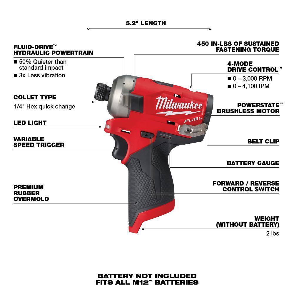 Milwaukee M12 FUEL SURGE 12V Lithium-Ion Brushless Cordless 1/4 in. Hex Impact Driver (Tool-Only) 2551-20