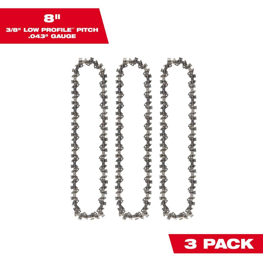 Milwaukee 8 in. Chainsaw Chain with 3/8 in. Low Profile Pitch and .043 in. Gauge (3-Pack) 49-16-2817