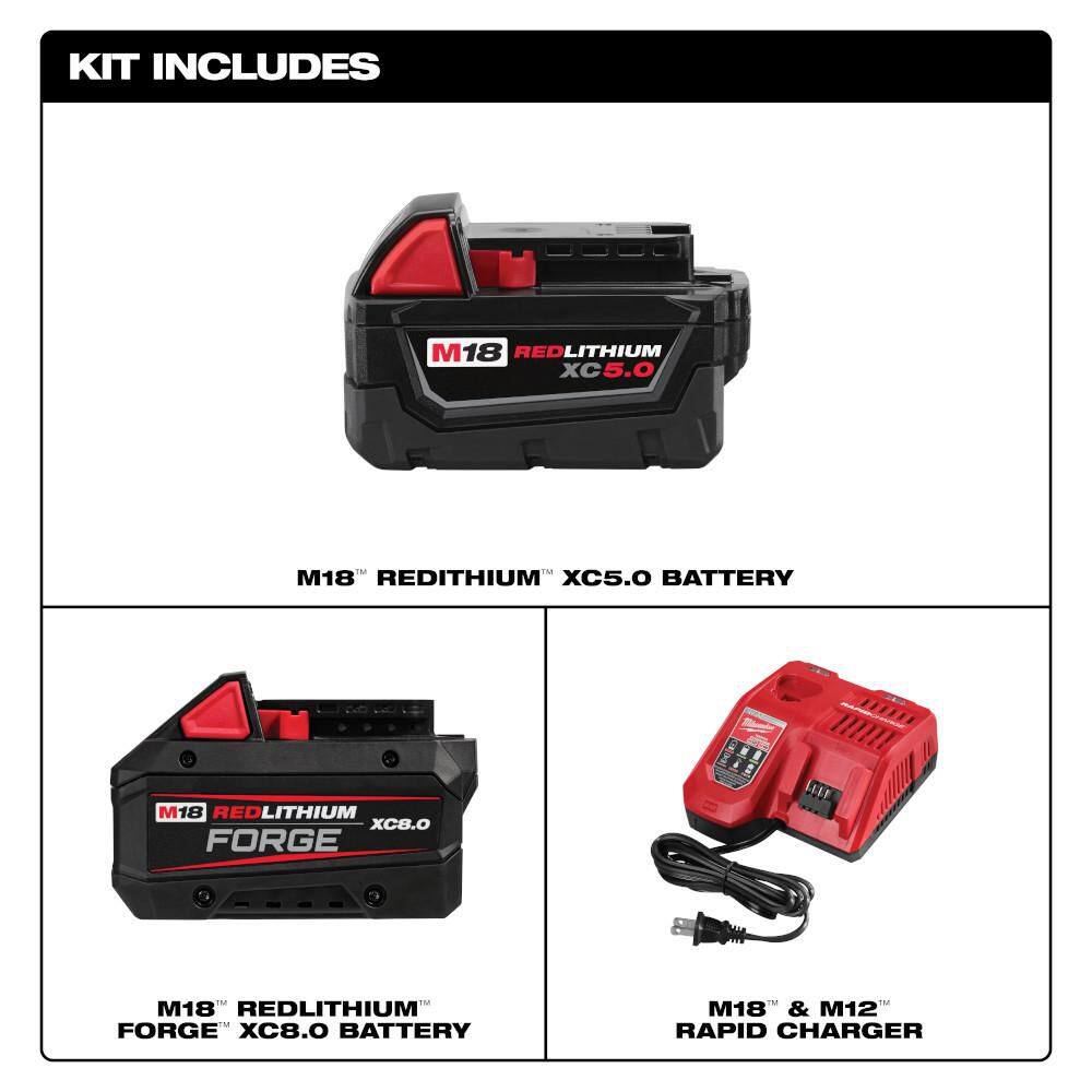 Milwaukee M18 18-Volt Lith-Ion Redlithium FORGE Starter Kit w/ 8. 0Ah Battery & Rapid Charger w/ 5.0 Ah Battery 48-59-1881-48-11-1850