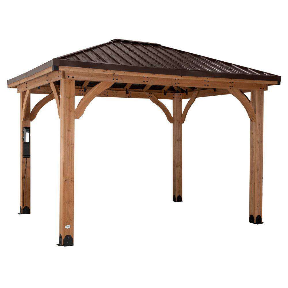 Backyard Discovery Barrington 12 ft. x 12 ft. Light Brown Cedar Wood Outdoor Patio Gazebo with Hardtop Galvanized Steel Hip Roof, PowerPort 2306226com