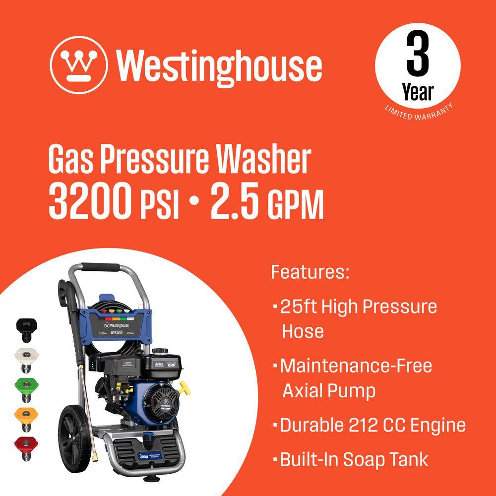 Westinghouse 3200 PSI 2.5 GPM Gas Powered Axial Cam Pump Cold Water Pressure Washer with Soap Tank and 5 Quick Connect Tips WPX3200