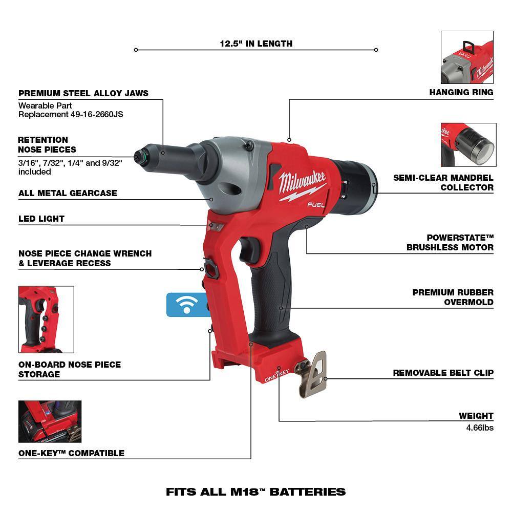 Milwaukee M18 FUEL ONE-KEY 18V Lith-Ion Cordless Rivet Tool w/ (1) 5.0 Ah Battery 2660-20-48-11-1850