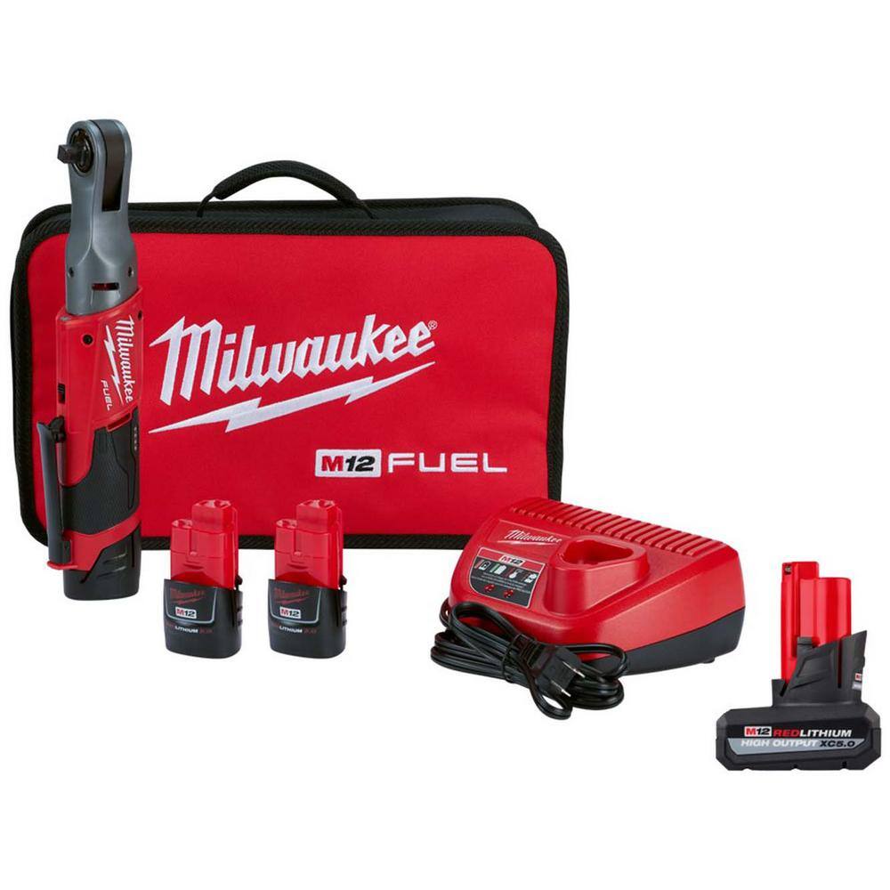 Milwaukee M12 FUEL 12V Li-Ion Brushless 3/8 in. Cordless Ratchet Kit with (2) 2.0Ah Batteries, Charger & Tool Bag & 5.0 Ah Battery 2557-22-48-11-2450