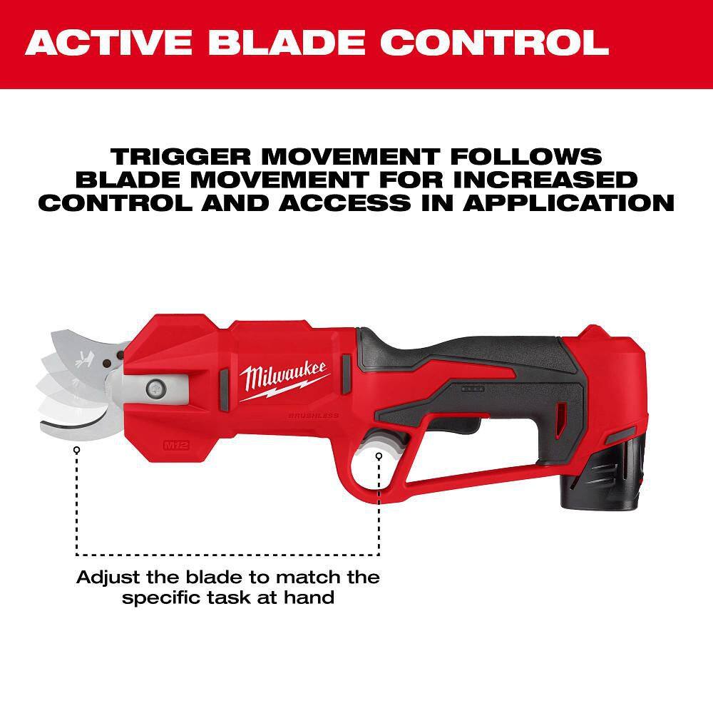 Milwaukee M12 12V Brushless Cordless Battery Powered Pruner Shears Kit w/ Hedge Trimmer, (3) Batteries, (1) Charger 2534-21-48-11-2412-2533-20